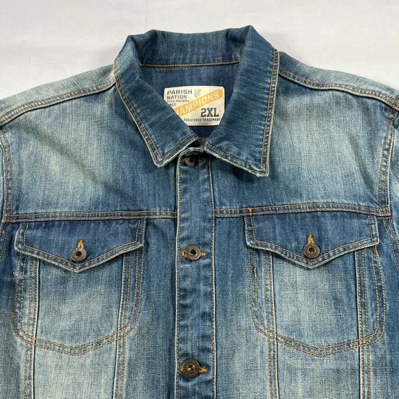 Y2K Denim Jacket Men 2XL Parish‎ Nation Blue Faded Vintage Streetwear - Picture 3 of 15